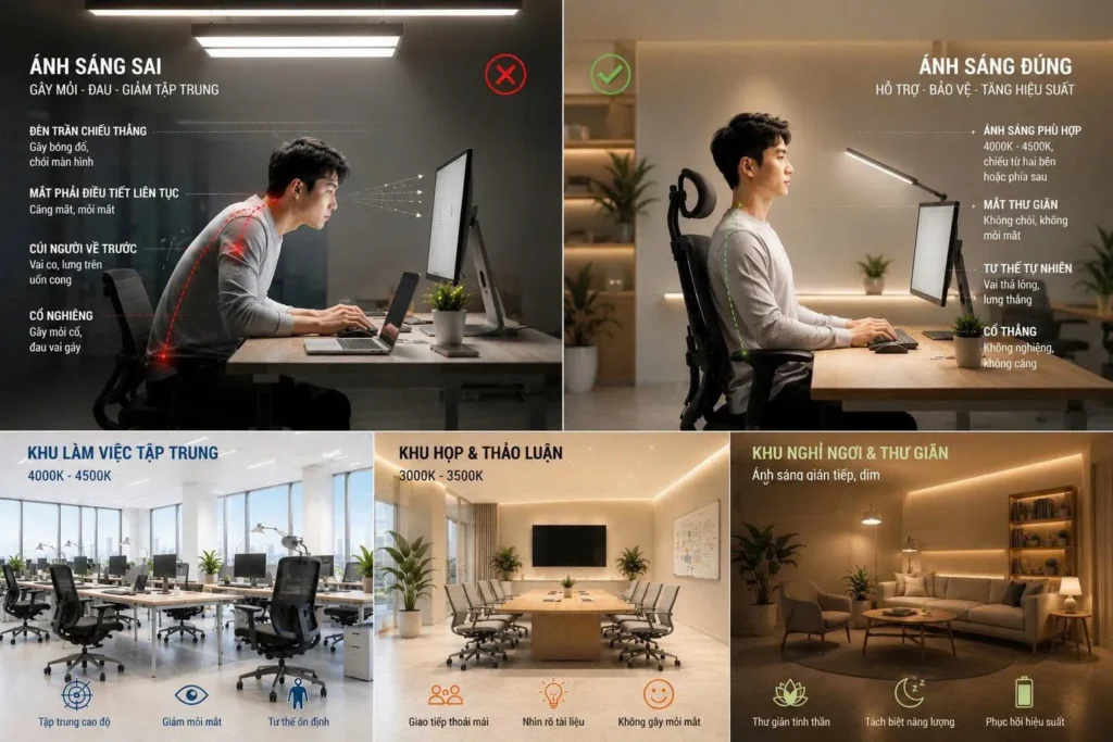 Ánh sáng văn phòng đang bẻ cong tư thế của bạn