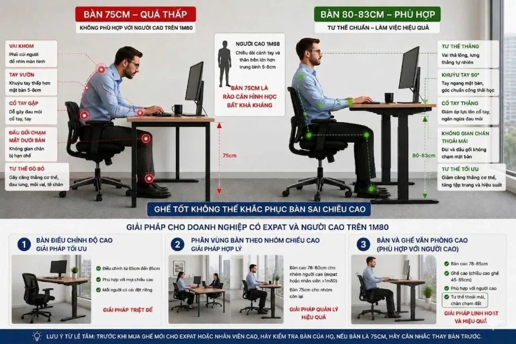 Bàn văn phòng 75cm không phù hợp với người cao trên 1m8
