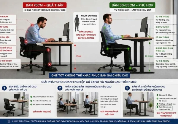 Bàn văn phòng 75cm không phù hợp với người cao trên 1m8