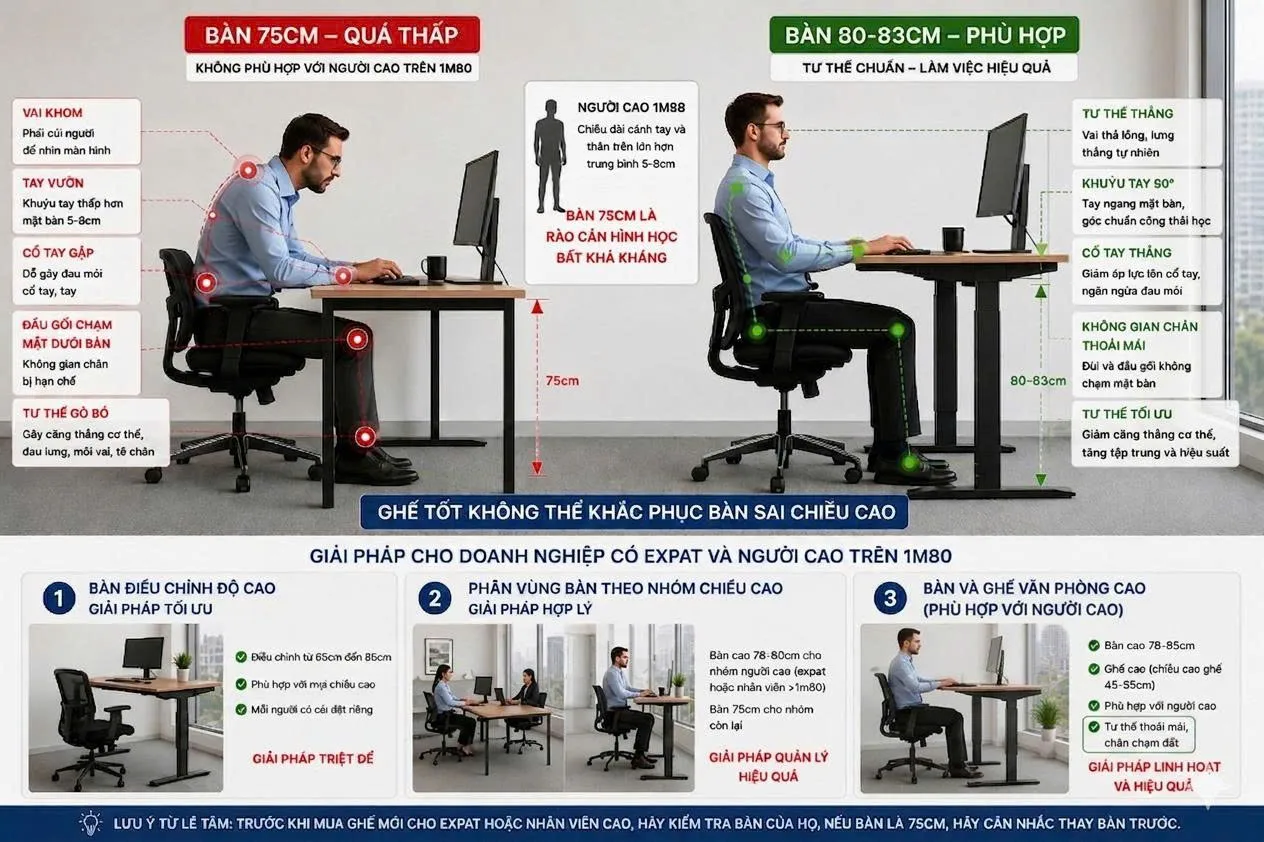 Bàn văn phòng 75cm không phù hợp với người cao trên 1m8