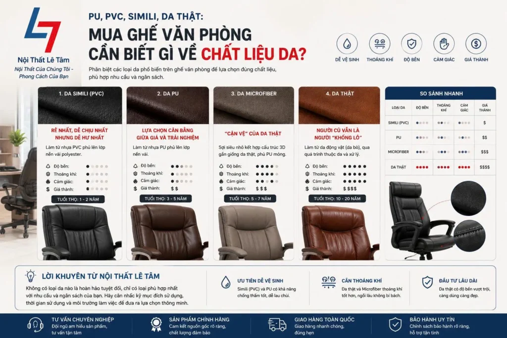 Chất liệu da PU, PVC, Simili, da thật