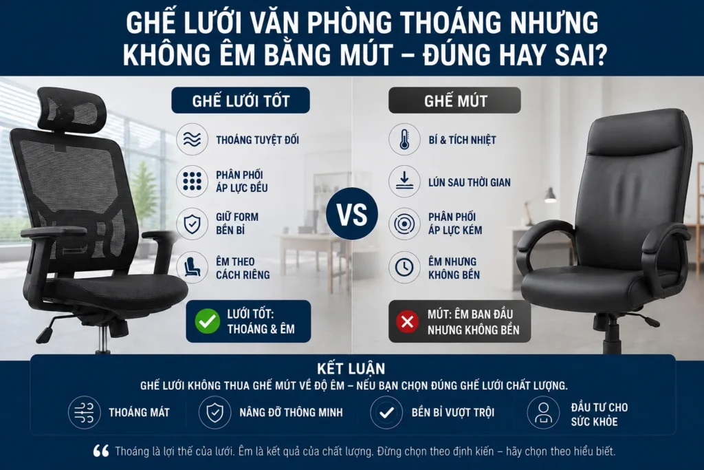 Ghế lưới văn phòng thoáng nhưng không êm bằng mút. Đúng hay sai