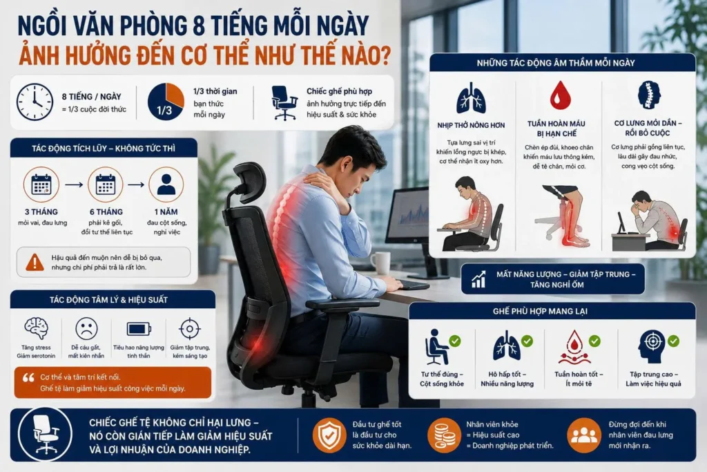 Ngồi văn phòng 8 tiếng mỗi ngày ảnh hưởng đến cơ thể như thế nào?
