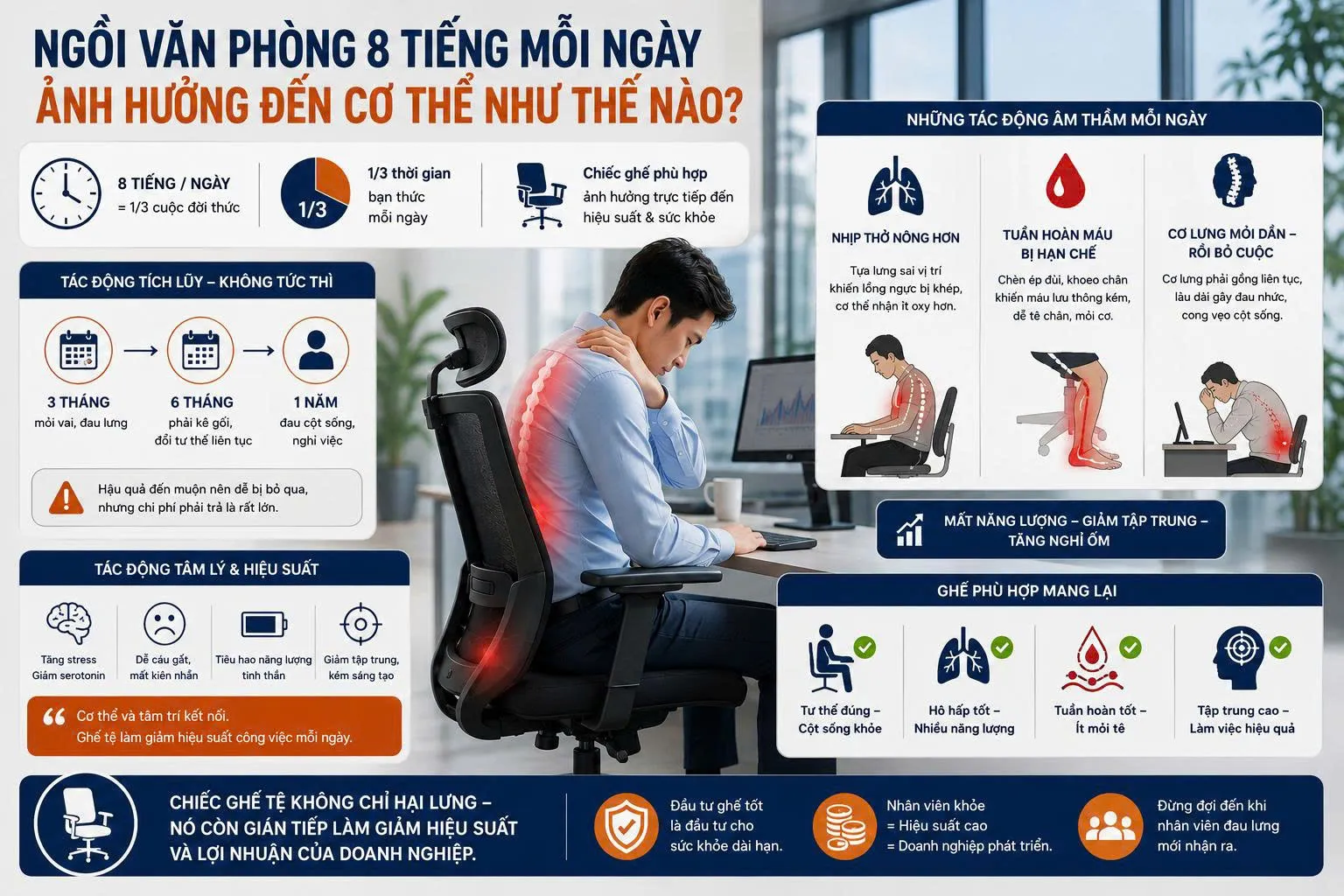 Ngồi văn phòng 8 tiếng mỗi ngày ảnh hưởng đến cơ thể như thế nào?