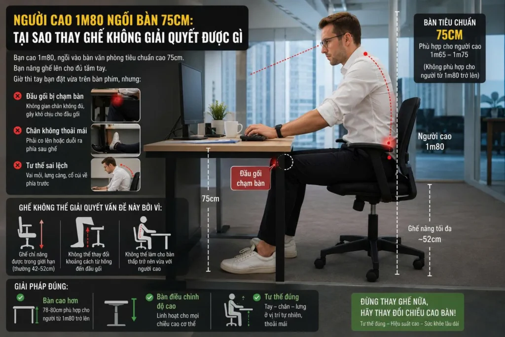 Người cao 1m8 ngồi bàn 75cm