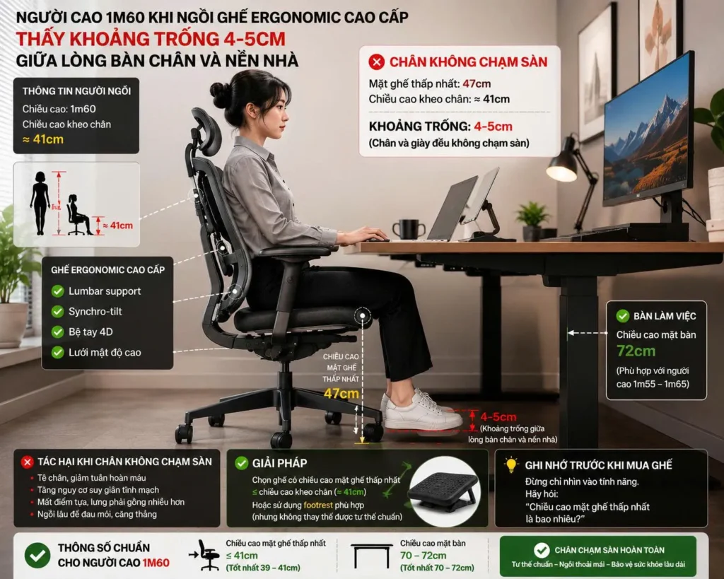 Người dưới 1m6 mua ghế Ergonomic