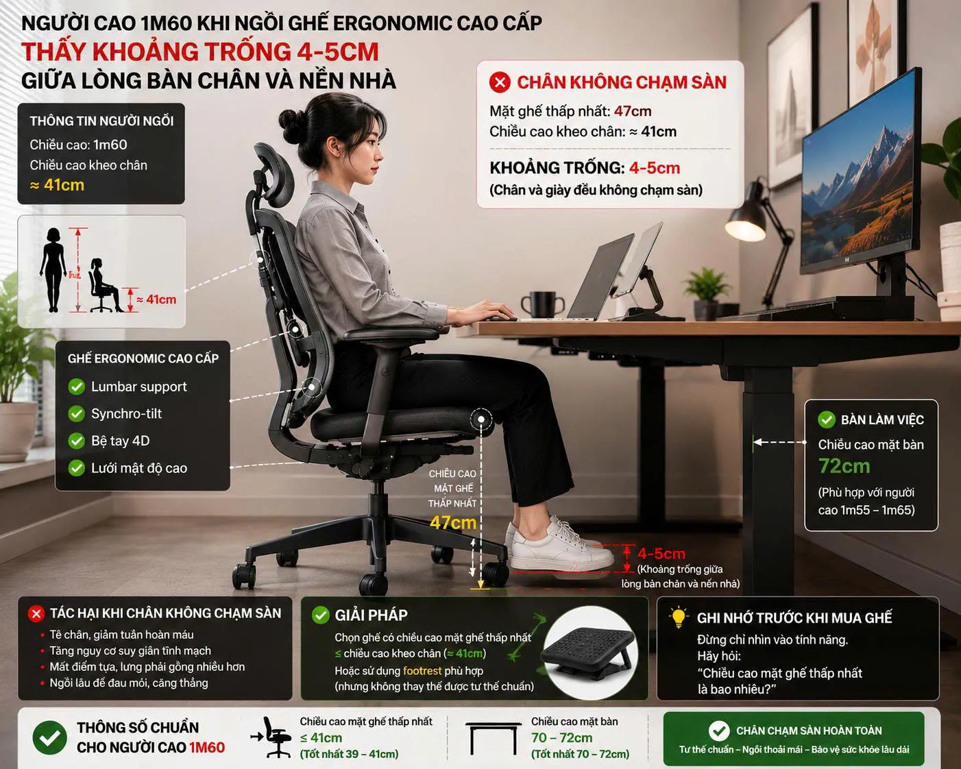 Người dưới 1m6 mua ghế Ergonomic
