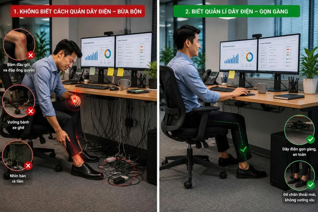 Cách quản lý dây điện dưới bàn làm việc