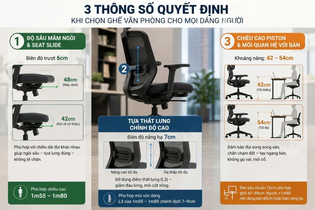 Chọn ghế văn phòng cho đội ngũ nhiều chiều cao
