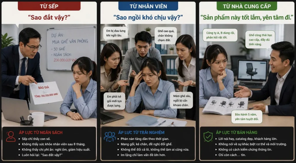 Phòng thua mua ghế văn phòng bị kẹp giữa 3 phía