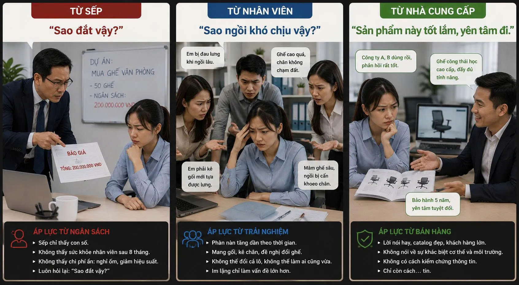 Phòng thua mua ghế văn phòng bị kẹp giữa 3 phía