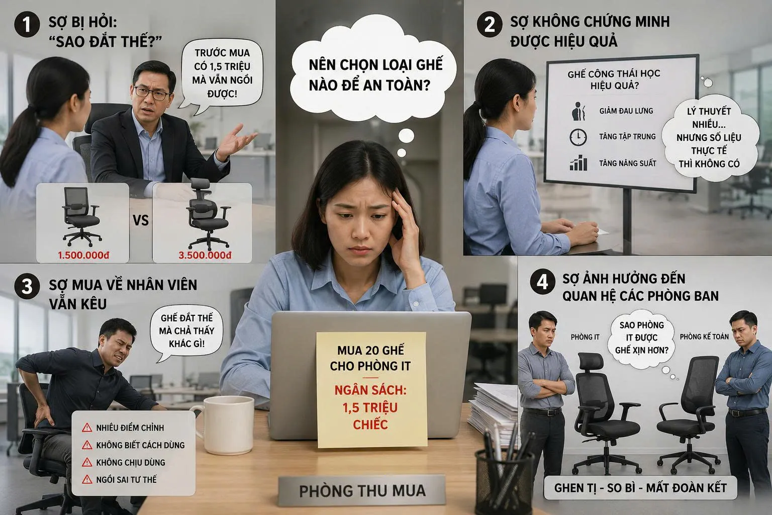 Tại sao phòng thu mua ngại đề xuất ghế công thái học