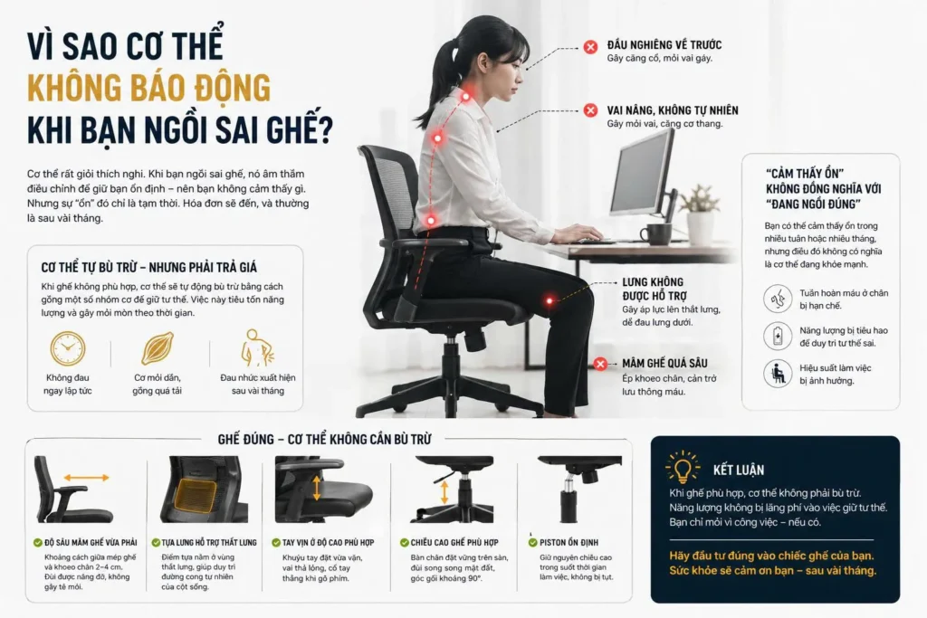 Vì sao cơ thể không báo động khi bạn ngồi sai ghế?